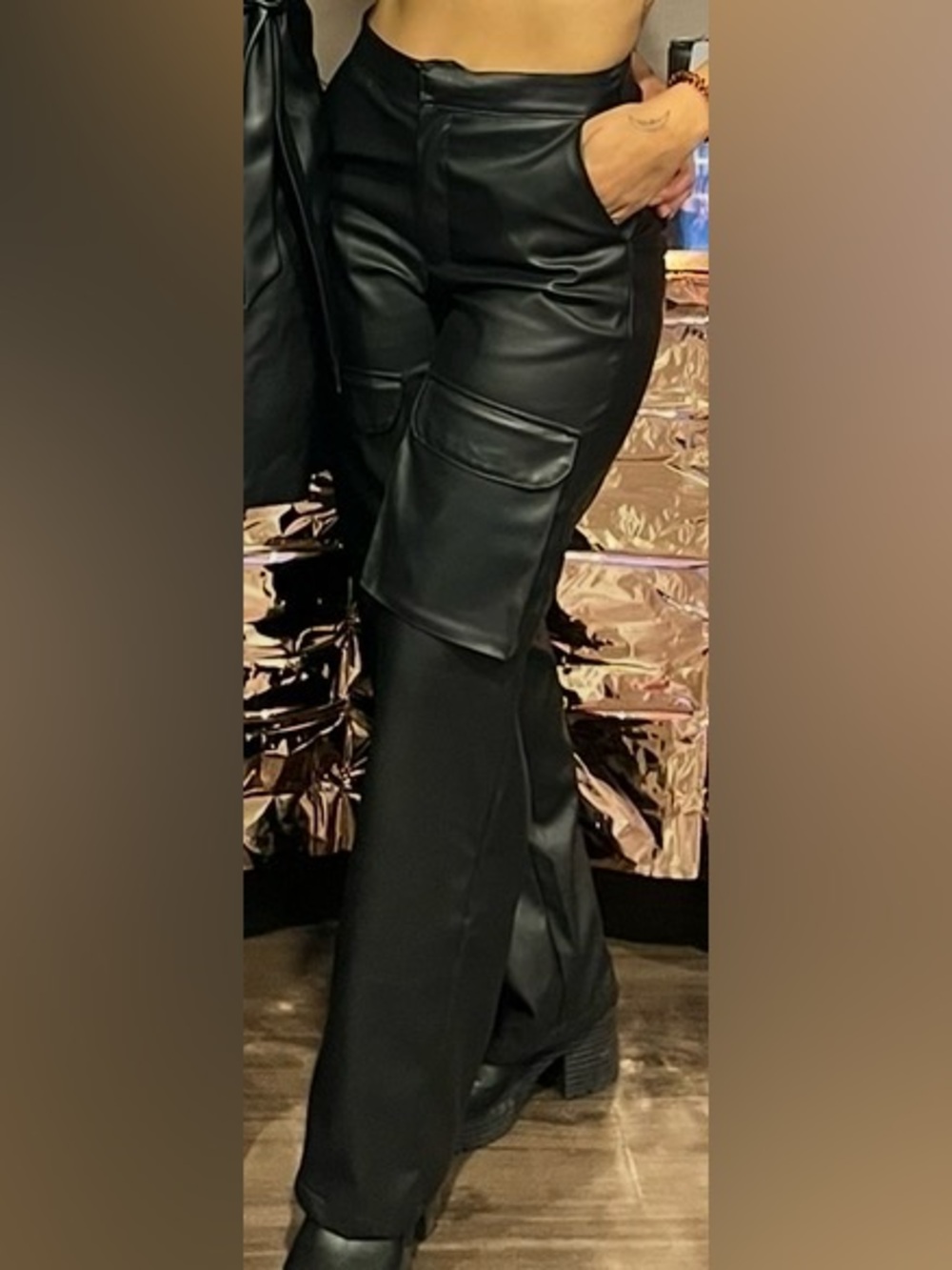 Black High Quality Faux-Leather Flare Cargo Pants
